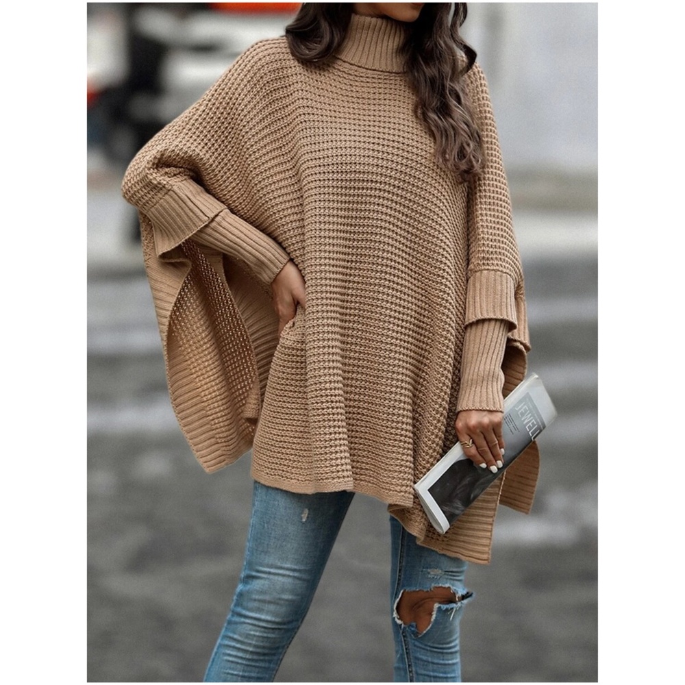 Cozy Turtleneck Oversized Poncho Sweater Top - Picture 5 of 5